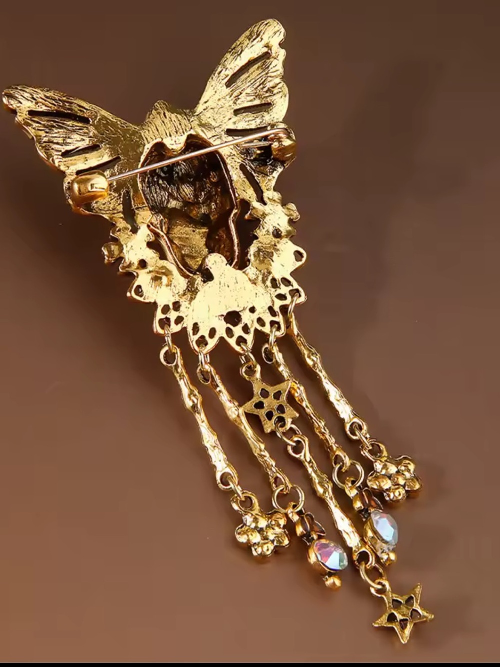 Halloween Gothic Gold Butterfly Tassel Brooch - Picture 10 of 11